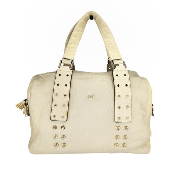 Anya Hindmarch Mini Boston Bag White Cream Gold Studded Top Handle Leather - Picture 1 of 14